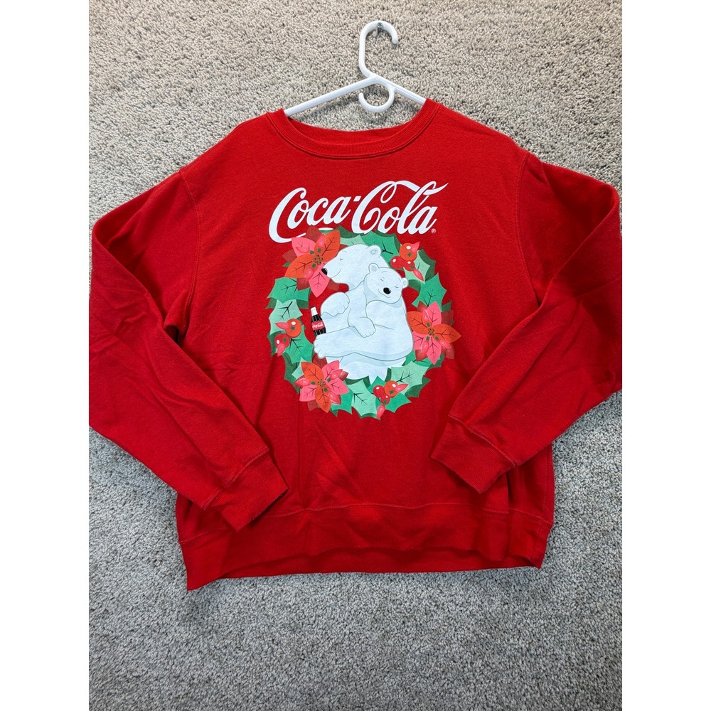 Coca-Cola Christmas Sweatshirt XL Red Polar‎ Bear Wreath Tis the Season Holiday